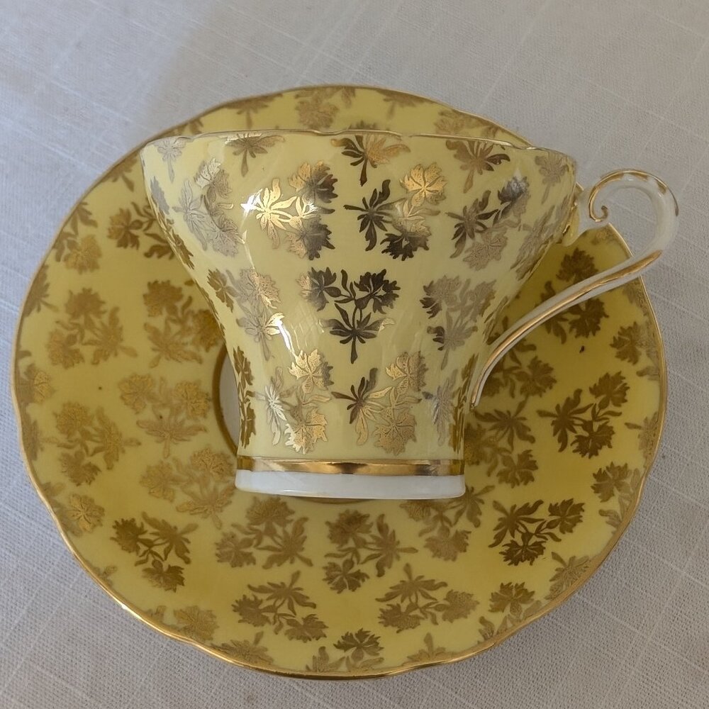 RARE Vintage Aynsley English Bone China Cup and Saucer Yellow Gold Corset Shape